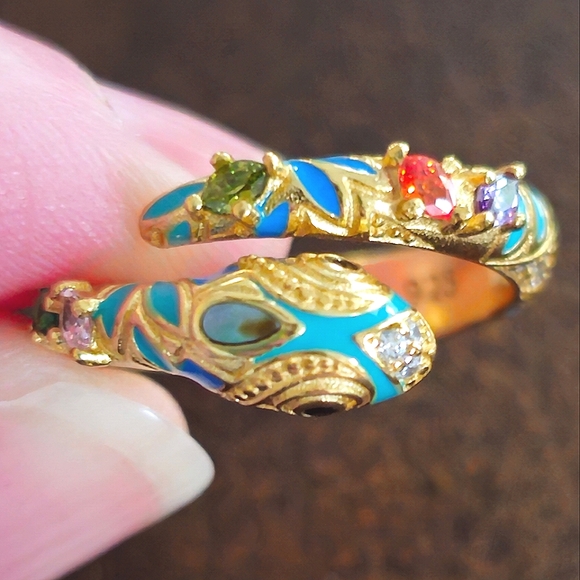 18KT GOLD/925 STERLING SILVER TURQUOISE DIAMOND EMERALD SNAKE ADJUSTABLE RING - Picture 6 of 16